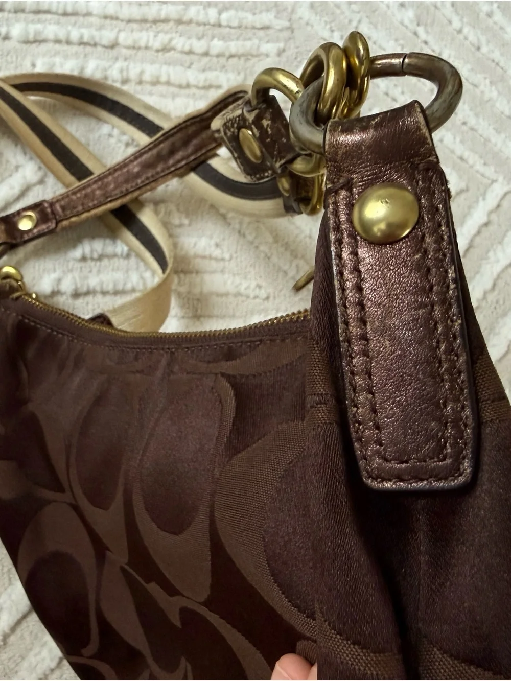 Vintage Y2K Coach Brown Signature Monogram Shoulder Bag with Beige Strap